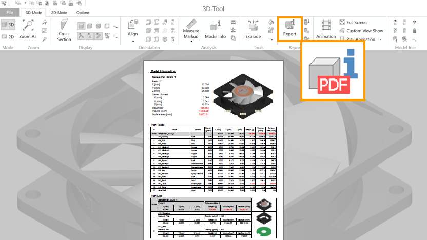 Search and filter functions in the 3D-Tool model tree