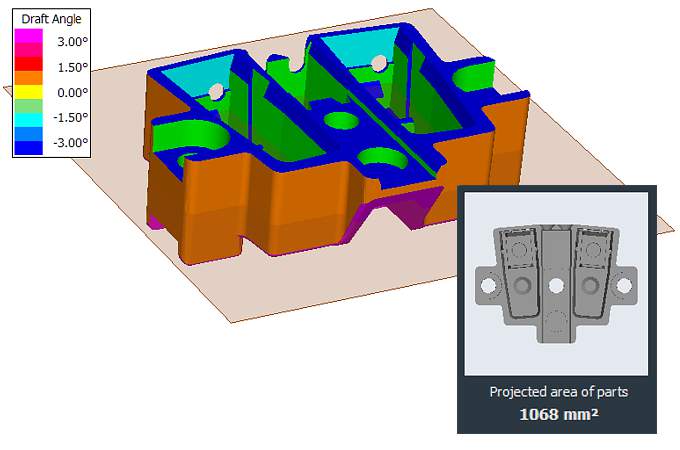 The 3D-Tool tooling analysis shows bevel angles and mold cavities and also offers an identification of areas that cannot be demoulded