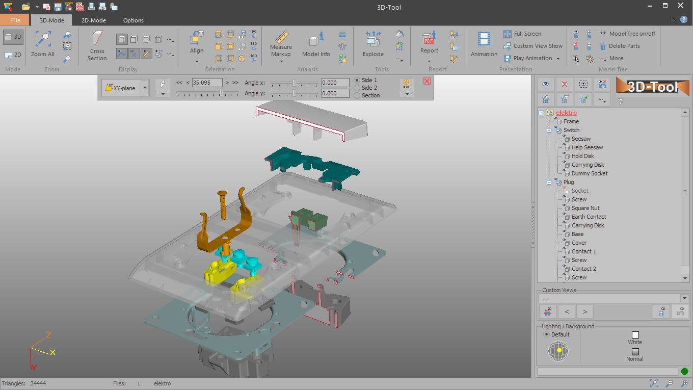 Exploded view of a 3D model including some sectioned parts